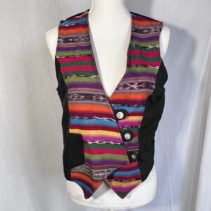 Vintage Style Multi Color Striped Boho Vest Asymmetrical Button Front Black Back